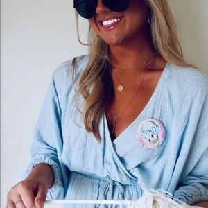 Blue Puff Balloon Sleeve Texture Top with Tie